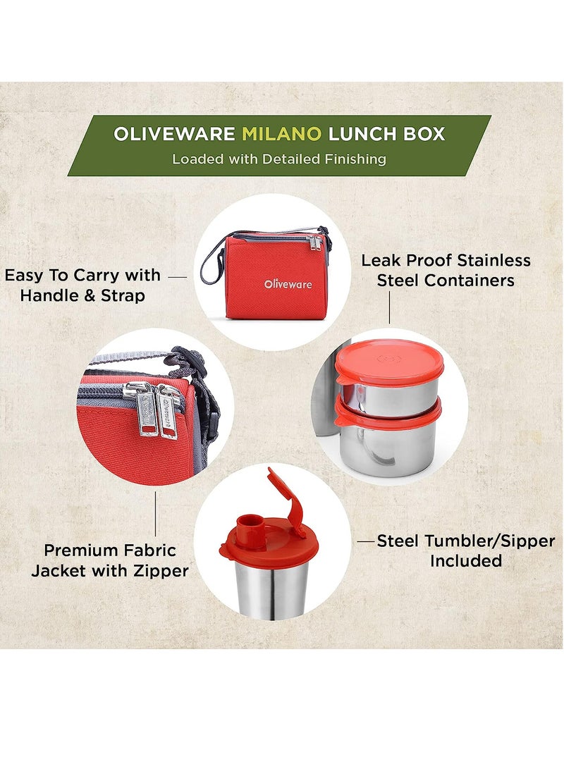 oliveware Milano Lunch Box | 3 Stainless Steel Containers and Sipper | with Steel Spoon | School, College & Office  | Leak Proof | Full Meal & Easy to Carry | Red - Image 2