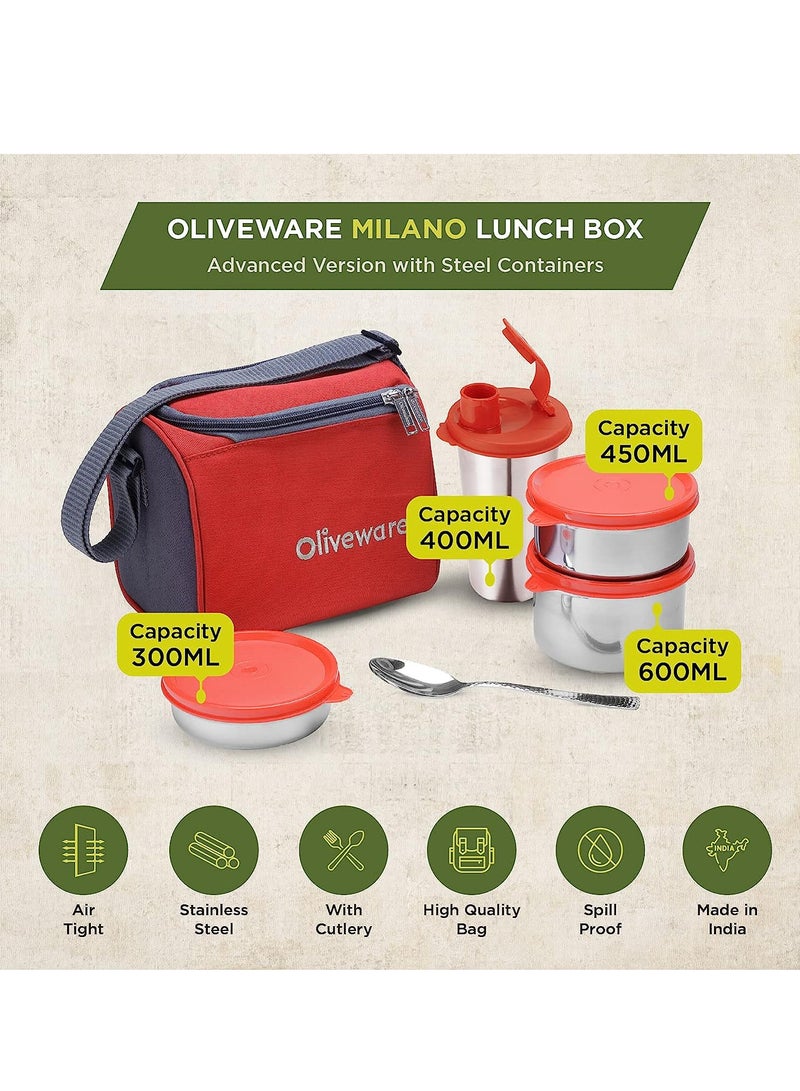 oliveware Milano Lunch Box | 3 Stainless Steel Containers and Sipper | with Steel Spoon | School, College & Office  | Leak Proof | Full Meal & Easy to Carry | Red - Image 3