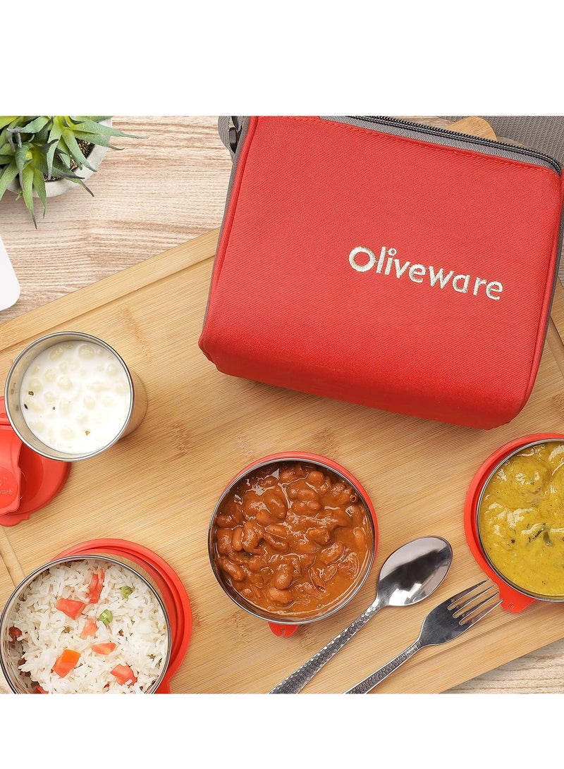 oliveware Milano Lunch Box | 3 Stainless Steel Containers and Sipper | with Steel Spoon | School, College & Office  | Leak Proof | Full Meal & Easy to Carry | Red - Image 4