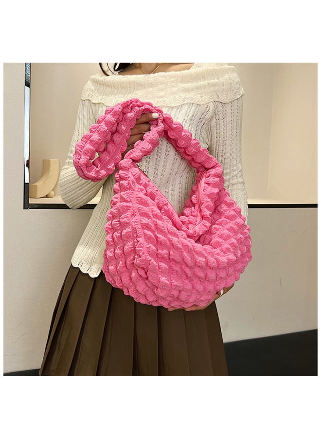 Doudou Bag Soft Texture Large Capacity Women's Shoulder Bag Commuter Casual Puff Cloud Bag Japanese And Korean Pleated Bag-Color:Rose Red - Image 3