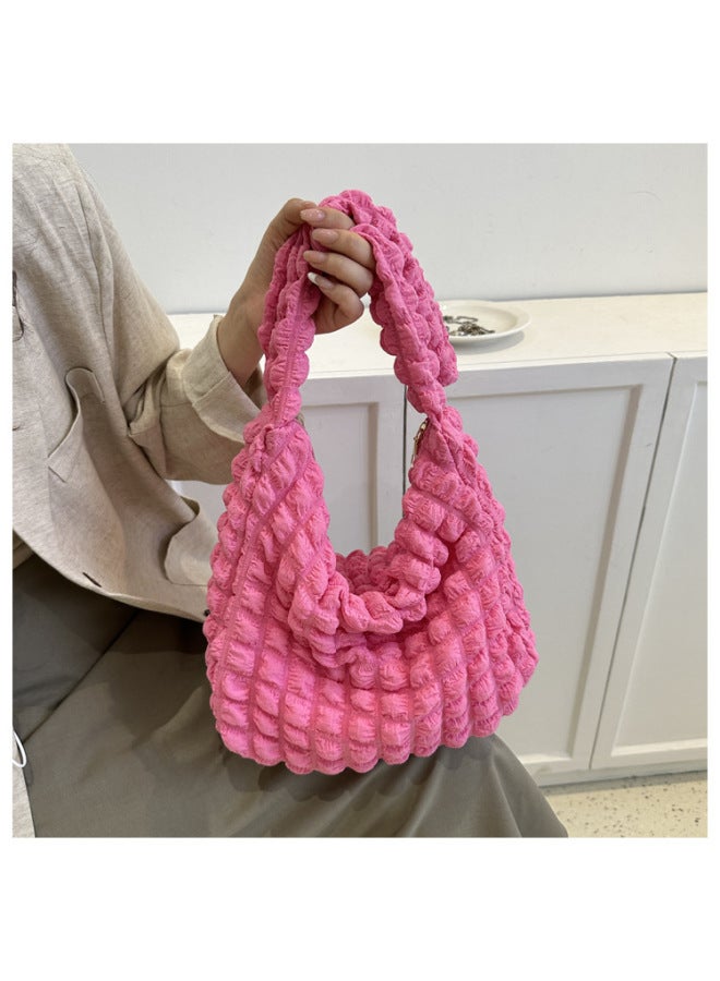 Doudou Bag Soft Texture Large Capacity Women's Shoulder Bag Commuter Casual Puff Cloud Bag Japanese And Korean Pleated Bag-Color:Rose Red - Image 1