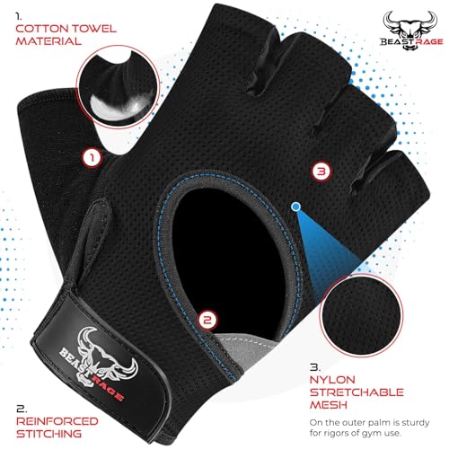 BEAST RAGE Workout Gloves for Men and Women, Fingerless Weight Lifting Gloves with Palm Protection Padding, Breathable and Lightweight Gym Gloves for Weightlifting, Cycling Pull Up (Black, XL) - Image 2