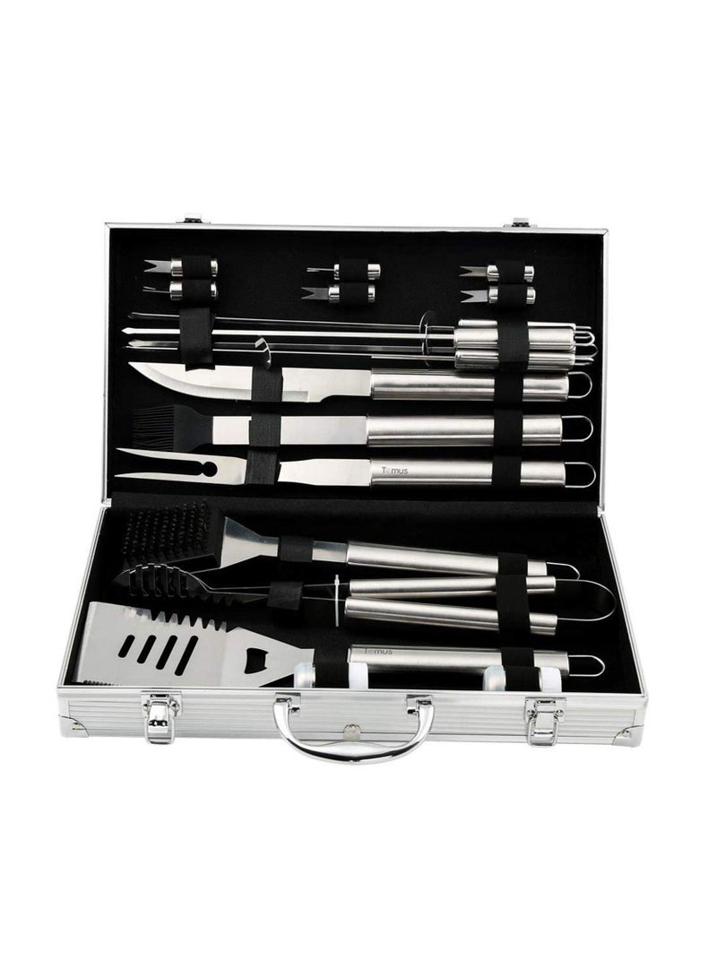 BBQ Portable Stainless Steel Outdoor Indoor Grilling Utensil for Camping with Aluminium Case Set of 19  - Image 1