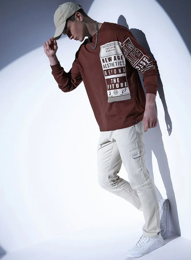 Hubberholme Relaxed Fit Typography Print T-Shirt with Long Sleeves by Styli