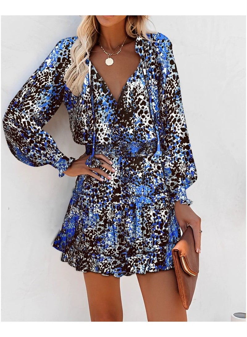general Printed V-neck Fitted Halter-top Long-Sleeved Dress - Image 1