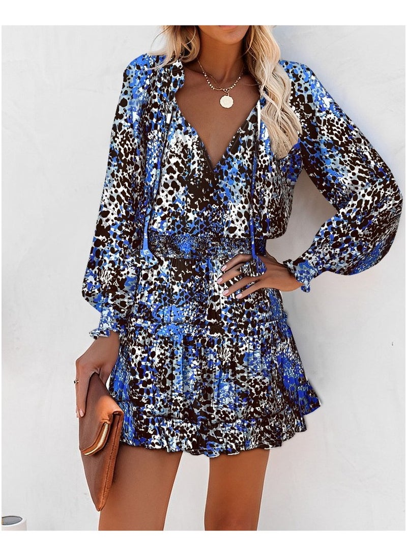 general Printed V-neck Fitted Halter-top Long-Sleeved Dress - Image 2