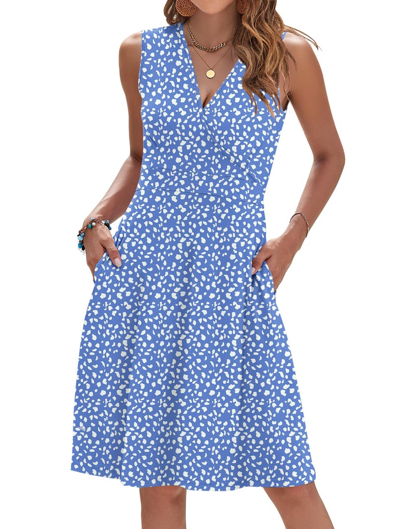 AUSELILY Empire Waist Dress for Women 2026 Sleeveless V Neck Floral Wrap Beach Dress with Pockets, Blue Horseshoe M - Image 1