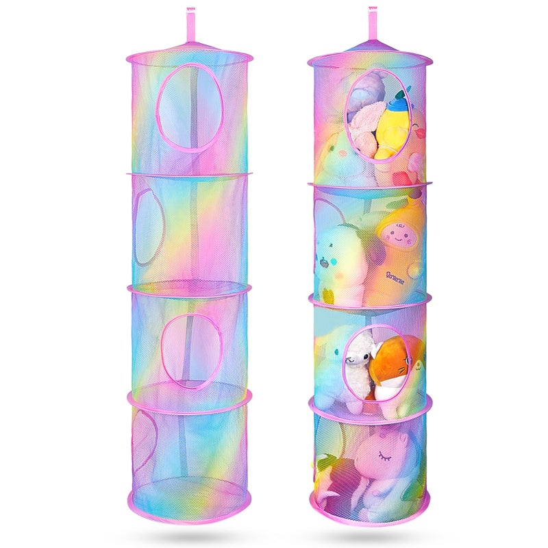 Basumee Stuffed Animals Net or Hammock 2 Pcs Stuffed Animals Storage Toy Net Hammock for Plushies Storage Organizer Mesh Kids Girls Room Decor Rainbow 4 Tiers