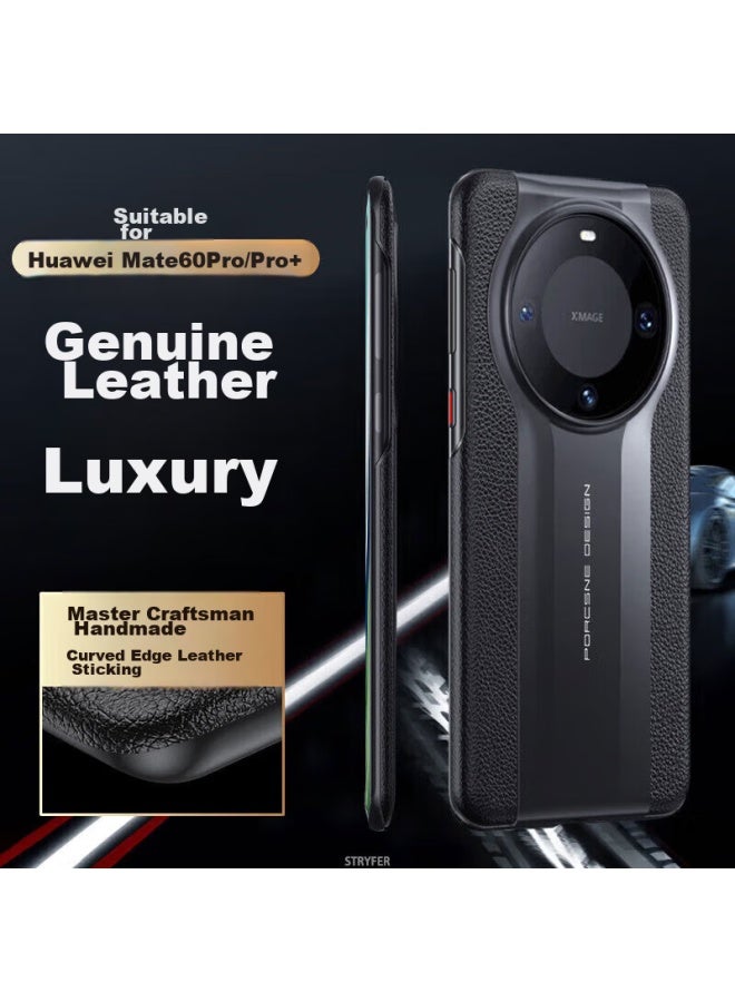 Stryfer Leather غطاء هاتف لـ Huawei Mate60pro/pro+، يتحول على الفور إلى Porsche Design، واقي Huawei Mate60pro+، غطاء جلد Le Zhen Version للرجال - أسود أنيق - Image 1