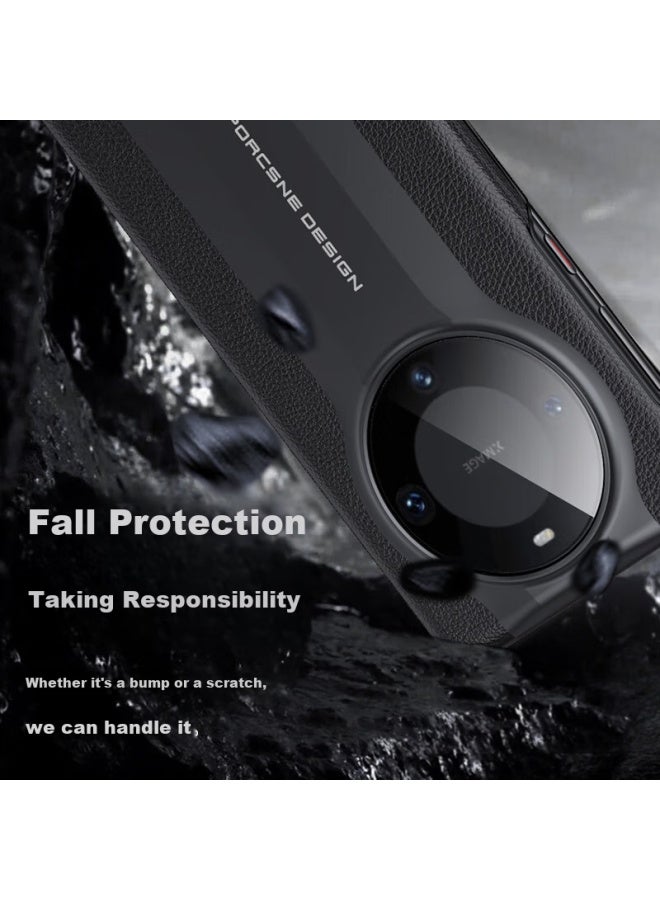 Stryfer Leather غطاء هاتف لـ Huawei Mate60pro/pro+، يتحول على الفور إلى Porsche Design، واقي Huawei Mate60pro+، غطاء جلد Le Zhen Version للرجال - أسود أنيق - Image 2