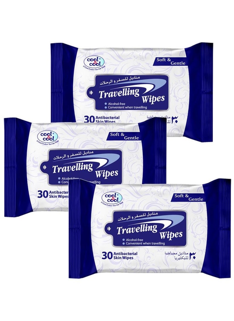 Cool & Cool - Cool & Cool Travelling Wipes - 30's Pack of 3- Convenient for Travel,Antibacterial Skin Wipes with Vitamin E,Aloe Vera Gel & Herb Extract, Soft & Gentle - Image 1