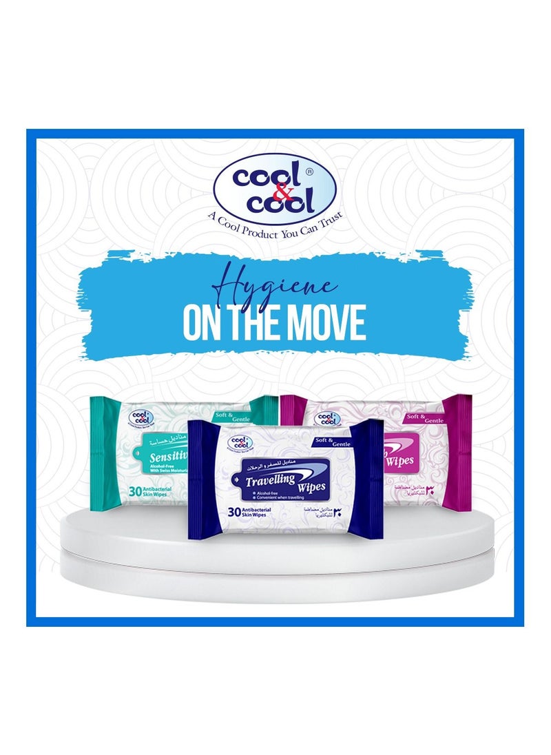 Cool & Cool - Cool & Cool Travelling Wipes - 30's Pack of 3- Convenient for Travel,Antibacterial Skin Wipes with Vitamin E,Aloe Vera Gel & Herb Extract, Soft & Gentle - Image 1
