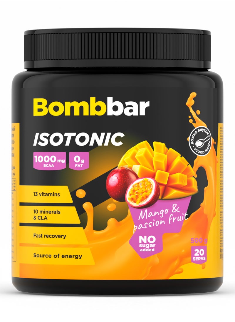 BOMBBAR Isotonic Powder Drink Mango & Passion Fruit with BCAA, Vitamins and Minerals – No Sugar Added, 500g 