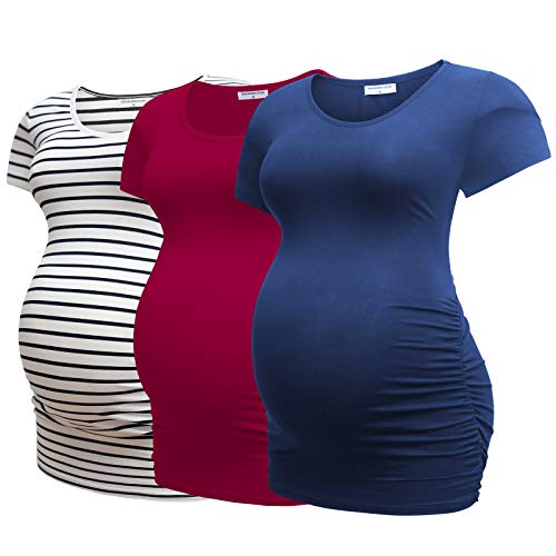 Bearsland Womens Maternity Tshirt 3 Packs Classic Side Ruched Tee Top Mama Pregnancy Clothes,witstripe+red+Blue,L - Image 1