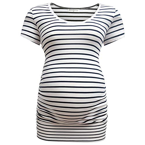 Bearsland Womens Maternity Tshirt 3 Packs Classic Side Ruched Tee Top Mama Pregnancy Clothes,witstripe+red+Blue,L - Image 2