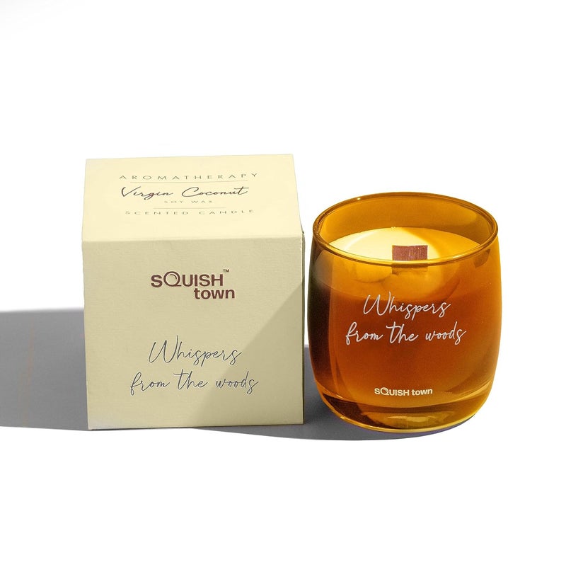 Squish Town Whispers from The Woods Aromatherapy Scented Candle Woody Herby Virgin Coconut Soy Wax Candle Wooden Wick NonToxic and Long Burn Natural Essential Oil 200 GMS