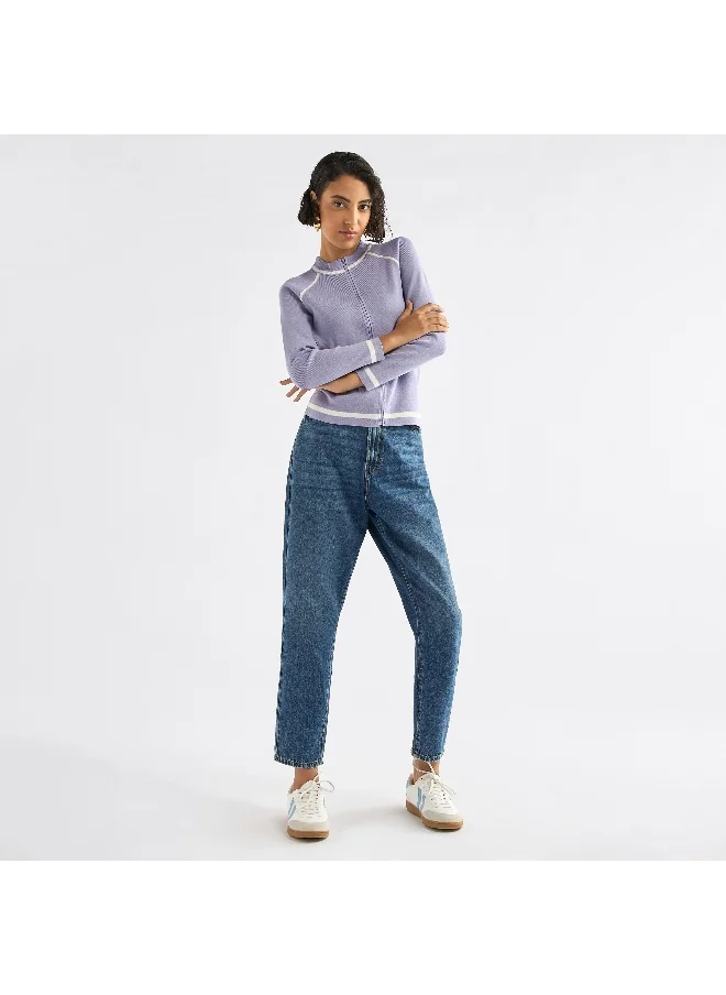 FAV Ribbed High Neck Jacket with Raglan Sleeves and Zip Closure