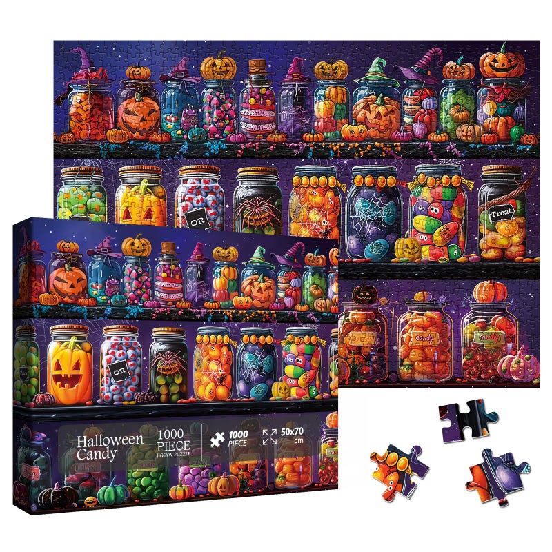 Larkipuzz Halloween Horror Candy Jigsaw Puzzle 1000 Piece for Adult Magic Fall Holiday Pumpkin Jigsaw Puzzles Funny Art Aesthetic Colorful Puzzle - Image 3
