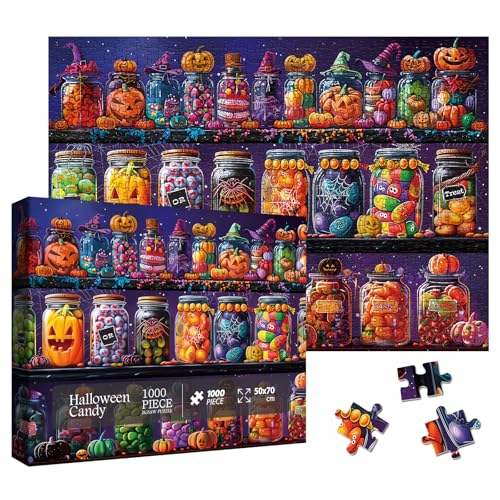 Larkipuzz Halloween Horror Candy Jigsaw Puzzle 1000 Piece for Adult Magic Fall Holiday Pumpkin Jigsaw Puzzles Funny Art Aesthetic Colorful Puzzle - Image 1