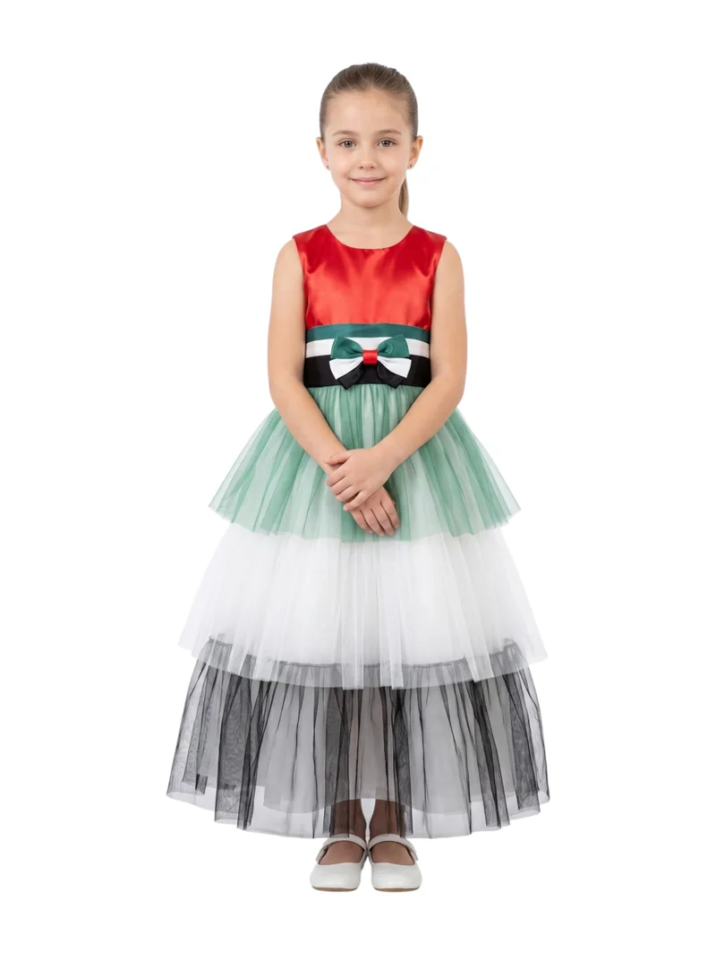 Bidani Girls' UAE National Day Ball Gown with Tricolor Tulle Skirt & Bow Sash