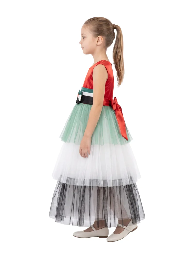 Bidani Girls' UAE National Day Ball Gown with Tricolor Tulle Skirt & Bow Sash