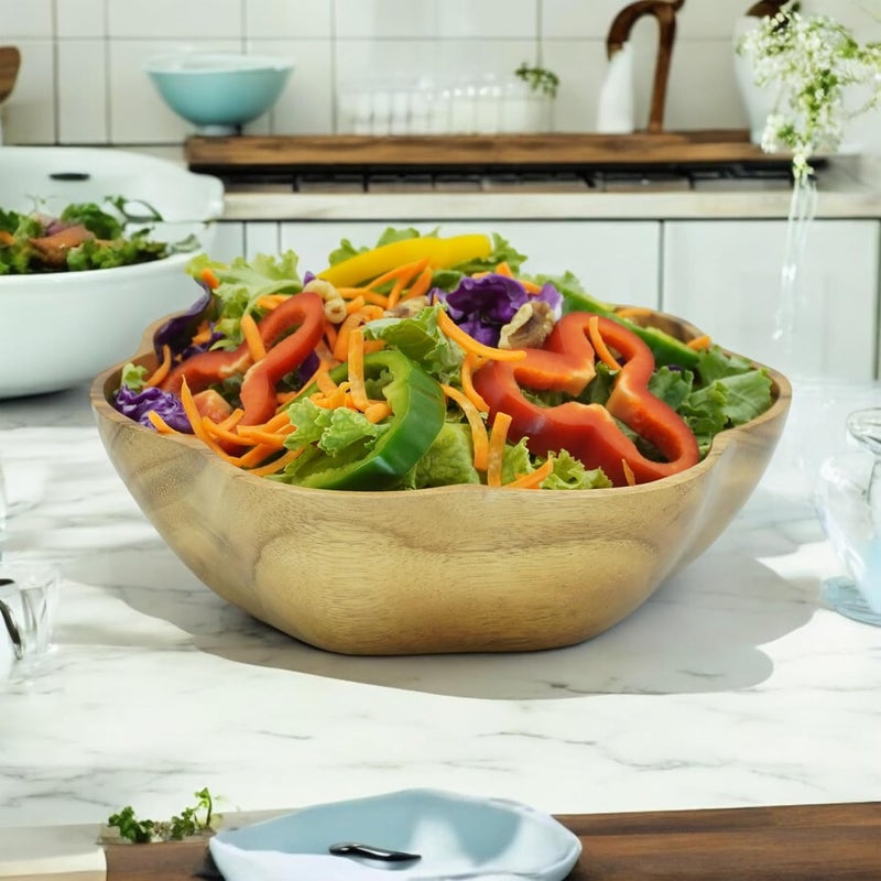 WRIGHTMART Round Wood Serving Bowl for Food Salad Fruit Popcorn Decorative Display Hand Turned Acacia Dinnerware Scalloped Shaped for the Dining Table and Kitchen 10 x 35 - Image 4