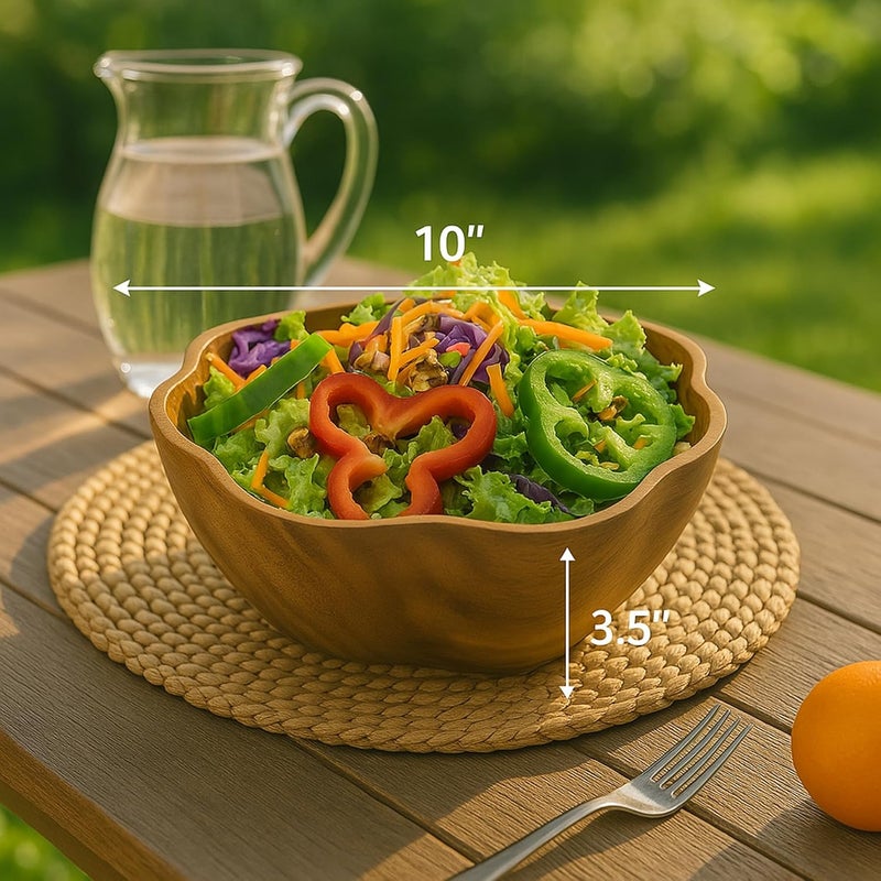WRIGHTMART Round Wood Serving Bowl for Food Salad Fruit Popcorn Decorative Display Hand Turned Acacia Dinnerware Scalloped Shaped for the Dining Table and Kitchen 10 x 35 - Image 3