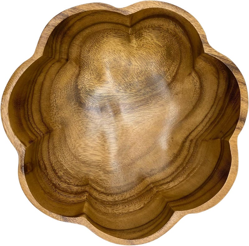 WRIGHTMART Round Wood Serving Bowl for Food Salad Fruit Popcorn Decorative Display Hand Turned Acacia Dinnerware Scalloped Shaped for the Dining Table and Kitchen 10 x 35 - Image 2