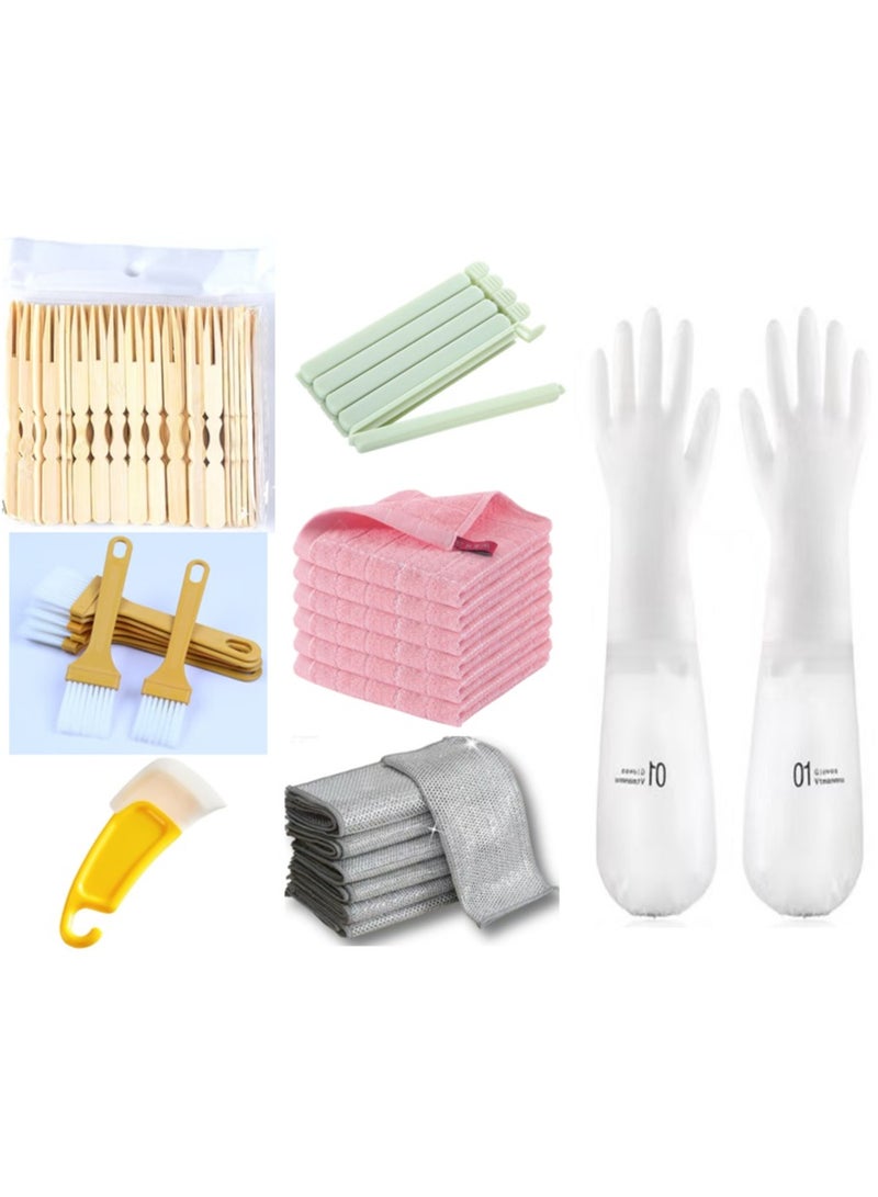 Gloves, Cotton Dishcloths, Stainless Steel Cloth, Grill Brush, Silicone Scraper, Bamboo Fork & Food Clips for Easy Cooking & Cleaning | 7-in-1 Premium Kitchen Cleaning & Grilling Set for Homes - Image 1