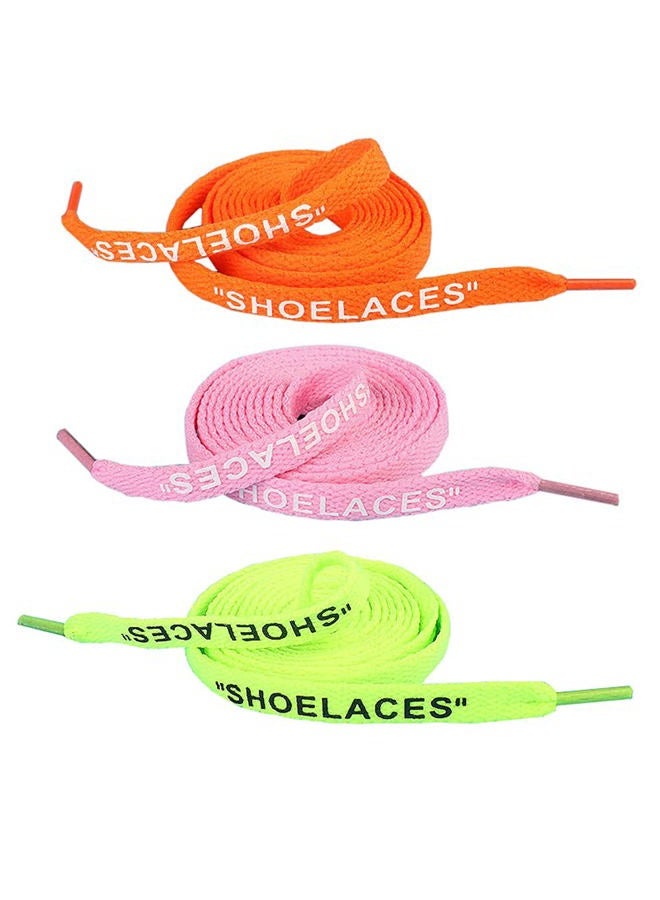 Jurxy 3 Pairs "Shoelaces" Text Printed Flat Shoelaces Replacement Shoe Laces for Sneakers Shoe Laces Swap – 1.2M – Orange Pink Fluorescent Green - Image 1