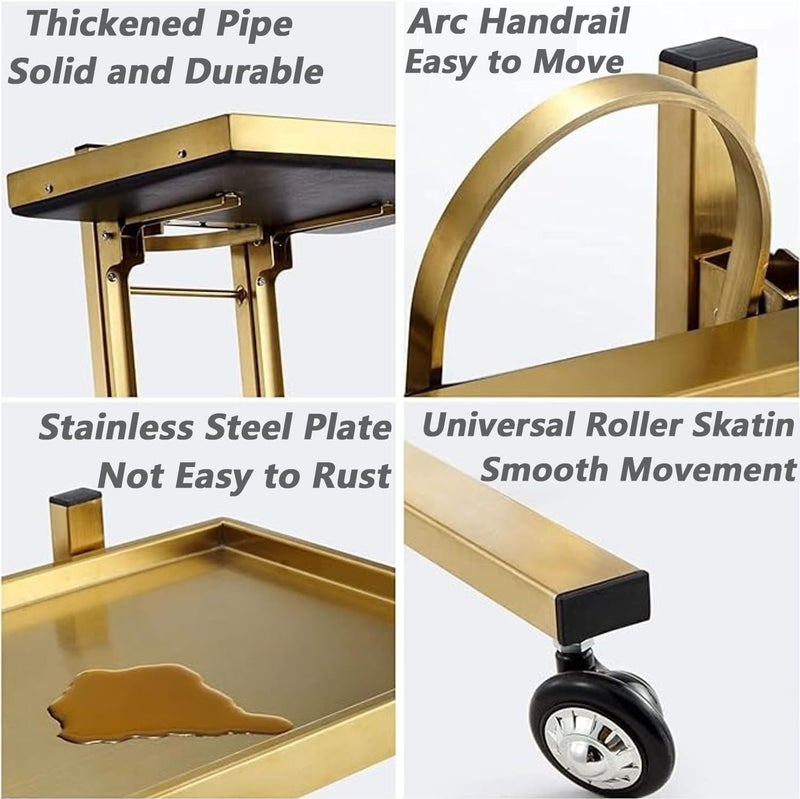 2 Tier Metal Rolling Cart, Stainless Steel Salon Tray with Wheels, Foldable Utility Carts, Folding Salon Tray Trolley, Rolling Tray Salon Trolley for Tattoo,Gold - Image 3