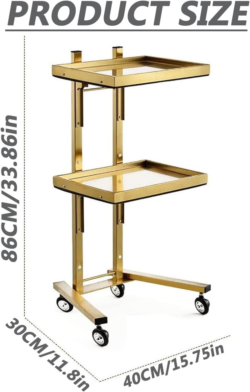 2 Tier Metal Rolling Cart, Stainless Steel Salon Tray with Wheels, Foldable Utility Carts, Folding Salon Tray Trolley, Rolling Tray Salon Trolley for Tattoo,Gold - Image 2