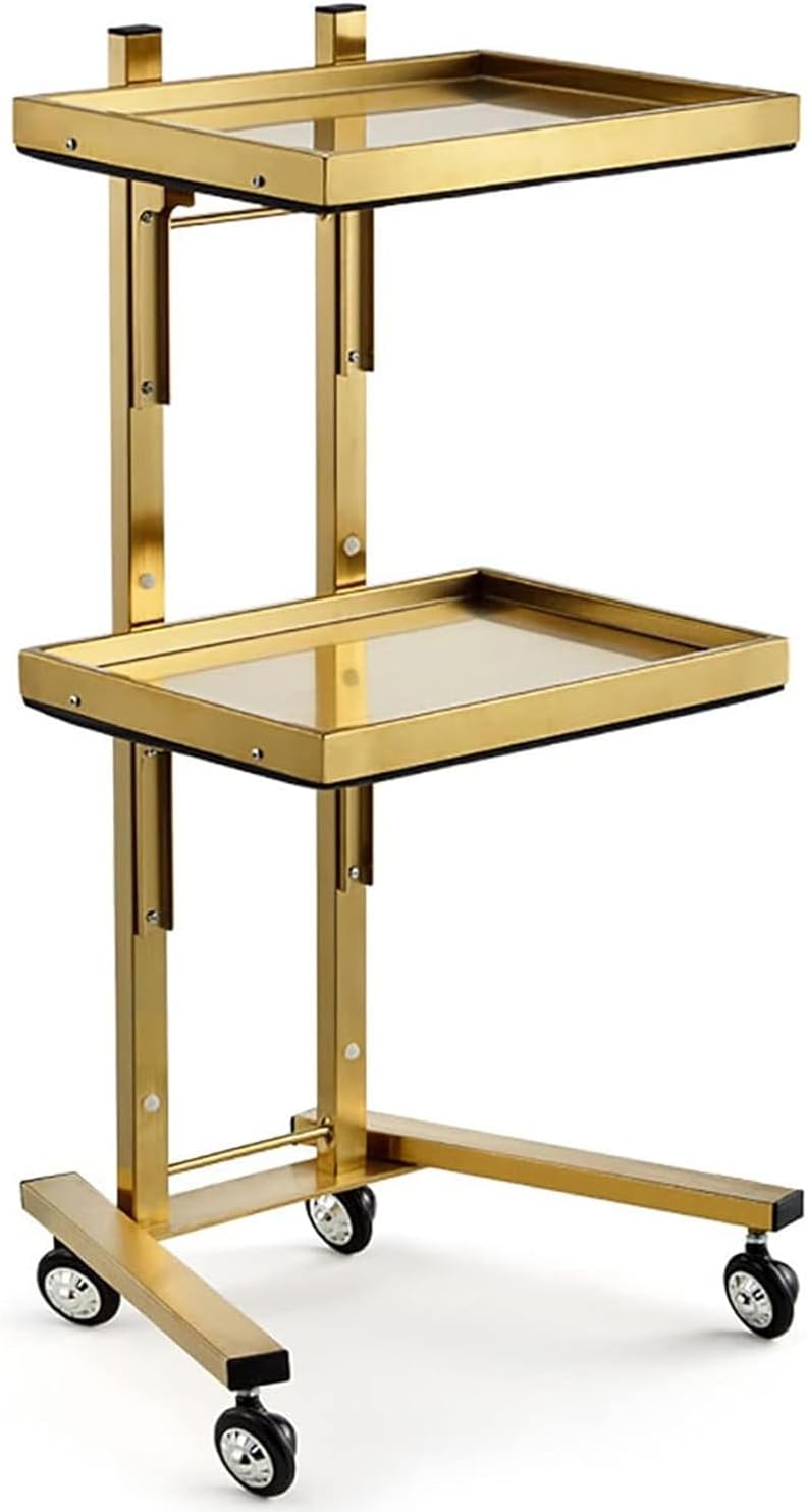 2 Tier Metal Rolling Cart, Stainless Steel Salon Tray with Wheels, Foldable Utility Carts, Folding Salon Tray Trolley, Rolling Tray Salon Trolley for Tattoo,Gold - Image 1