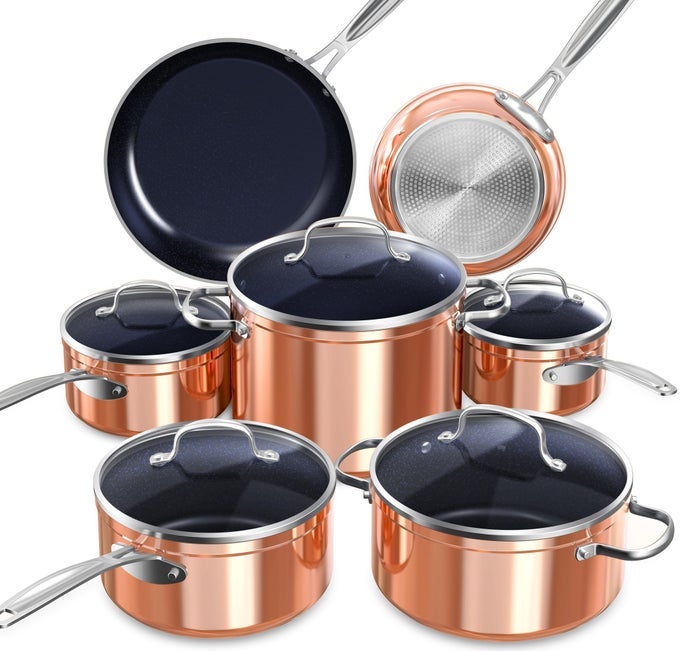 HEALTHY DURALON BLUE CERAMIC NONSTICK COOKWARE SET DIAMOND INFUSED SCRATCHRESISTANT PFAS FREE DISHWASHER OVEN SAFE INDUCTION READY EVENLY HEATSTEMPERED GLASS LIDS STAYCOOL HANDLES