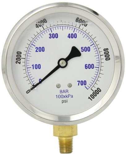 PIC Gauges PIC Gauge 201L-404U 4" Dial, 0/10000 psi Range, 1/4" Male NPT Connection Size, Bottom Mount Glycerine Filled Pressure Gauge with a Stainless Steel Case, Brass Internals, Stainless Steel Bezel, and Polycarbonate Lens - Image 4