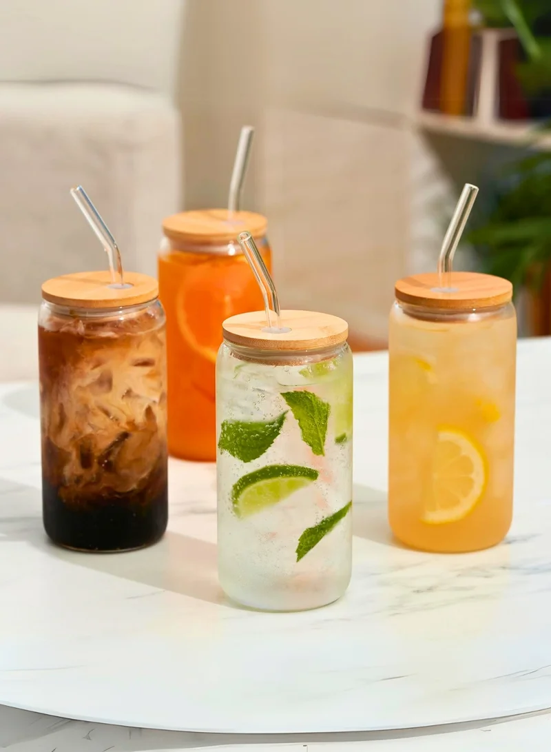 1Chase Can-Shaped Sipper Glass Set of 4 – 550ML Borosilicate Glass Cups with Bamboo Lids & Straws – Trendy Tumbler Set for Iced Coffee, Juice & More