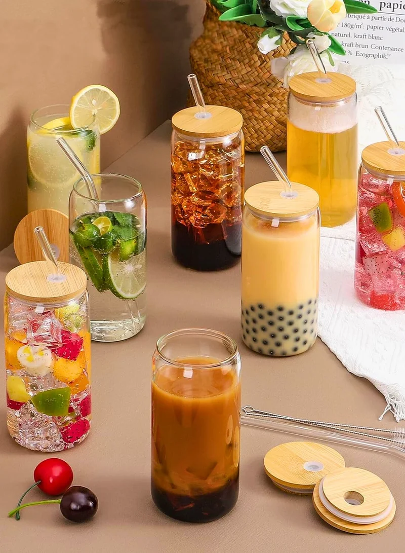 1Chase Can-Shaped Sipper Glass Set of 4 – 550ML Borosilicate Glass Cups with Bamboo Lids & Straws – Trendy Tumbler Set for Iced Coffee, Juice & More