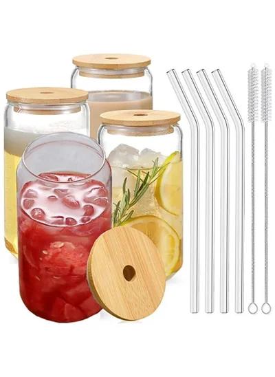 1Chase Borosilicate Drinking Glasses Set, Can Shaped Glass Cup with Bamboo Lid Straw and Cleaning Brush Set Of 4 550 ML