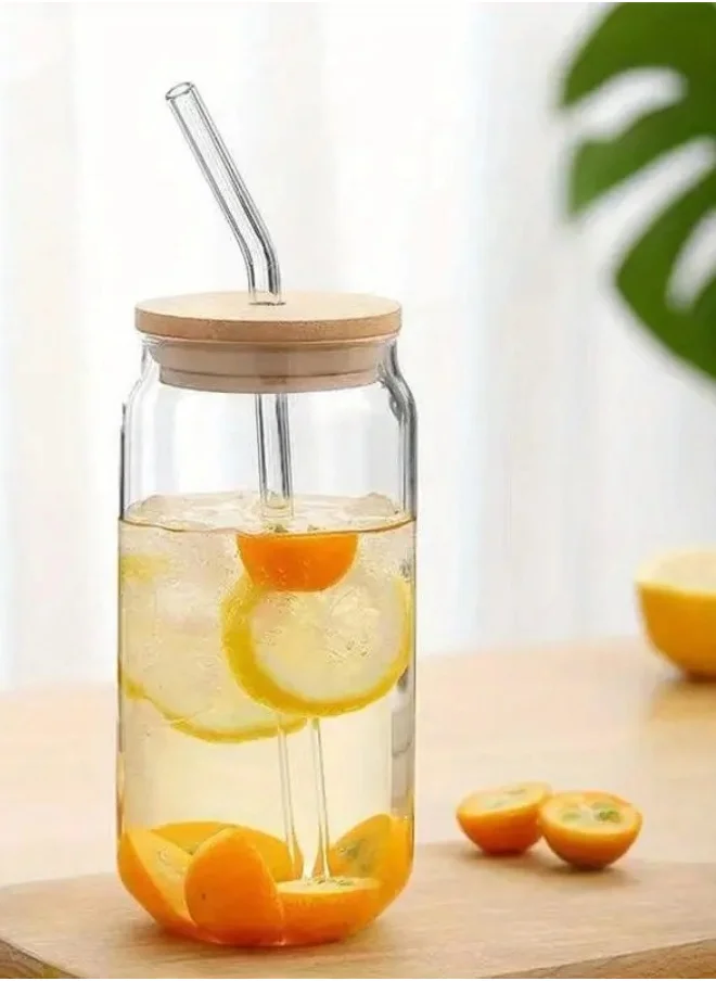 1 تشيس Borosilicate Drinking Glasses Set, Can Shaped Glass Cup with Bamboo Lid Straw and Cleaning Brush Set Of 4 550 ML