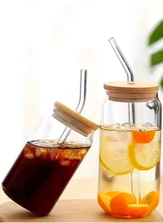 1 تشيس Borosilicate Drinking Glasses Set, Can Shaped Glass Cup with Bamboo Lid Straw and Cleaning Brush Set Of 4 550 ML