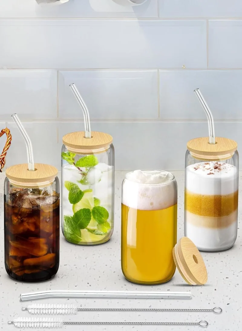 1Chase Pack Of 4 Can-Shaped Sipper Glass Set of 4 – 550ML Borosilicate Glass Cups with Bamboo Lids & Straws – Trendy Tumbler Set for Iced Coffee, Juice & More  | Best Price UAE