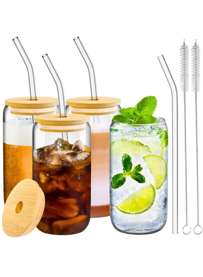 1Chase Can-Shaped Sipper Glass Set of 4 – 550ML Borosilicate Glass Cups with Bamboo Lids & Straws – Trendy Tumbler Set for Iced Coffee, Juice & More