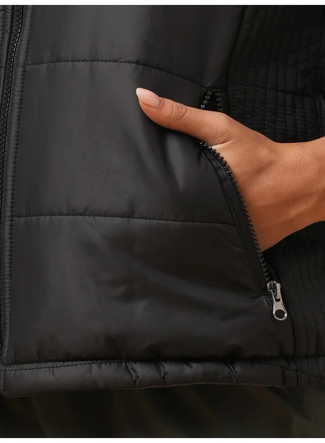 globus Women Black Mock Neck Front Zip Closure Reversible Winter Wear Puffer Jacket With Detachable Hoodie