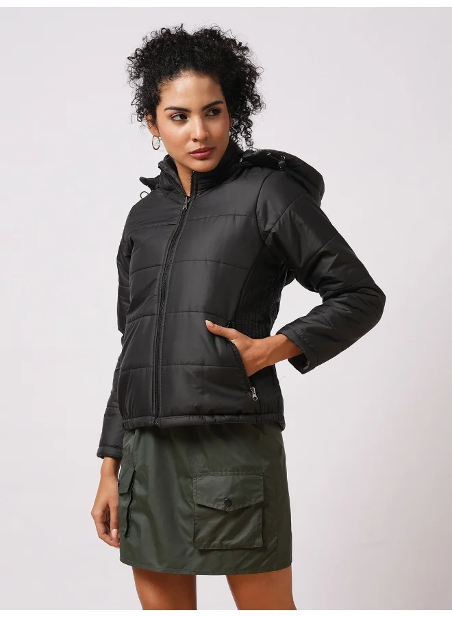 globus Women Black Mock Neck Front Zip Closure Reversible Winter Wear Puffer Jacket With Detachable Hoodie