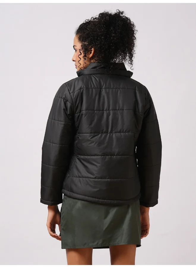 globus Women Black Mock Neck Front Zip Closure Reversible Winter Wear Puffer Jacket With Detachable Hoodie