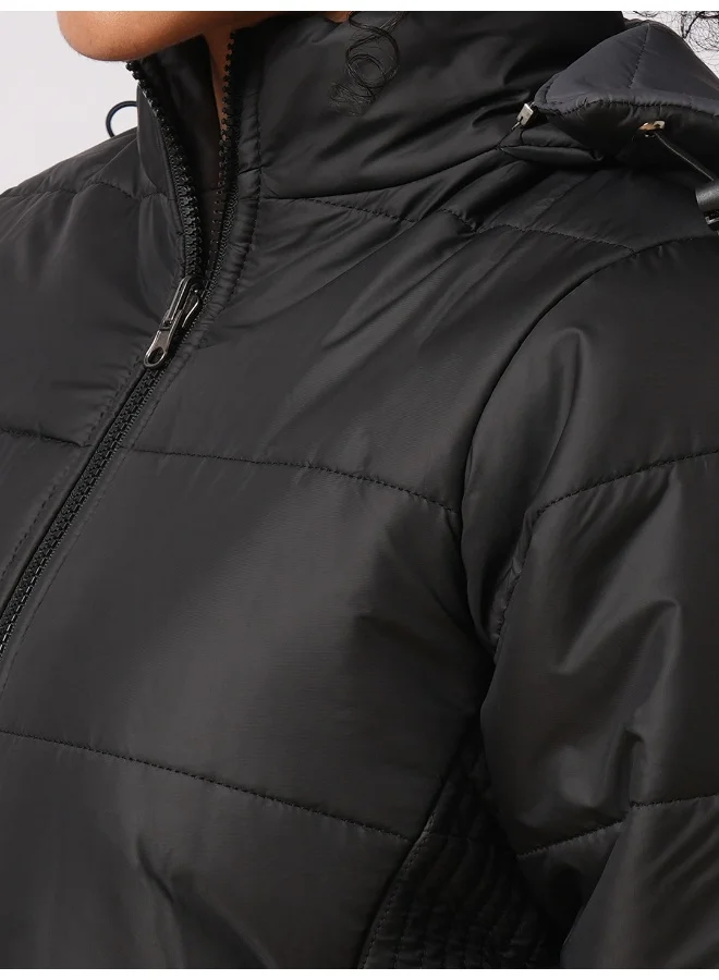 globus Women Black Mock Neck Front Zip Closure Reversible Winter Wear Puffer Jacket With Detachable Hoodie