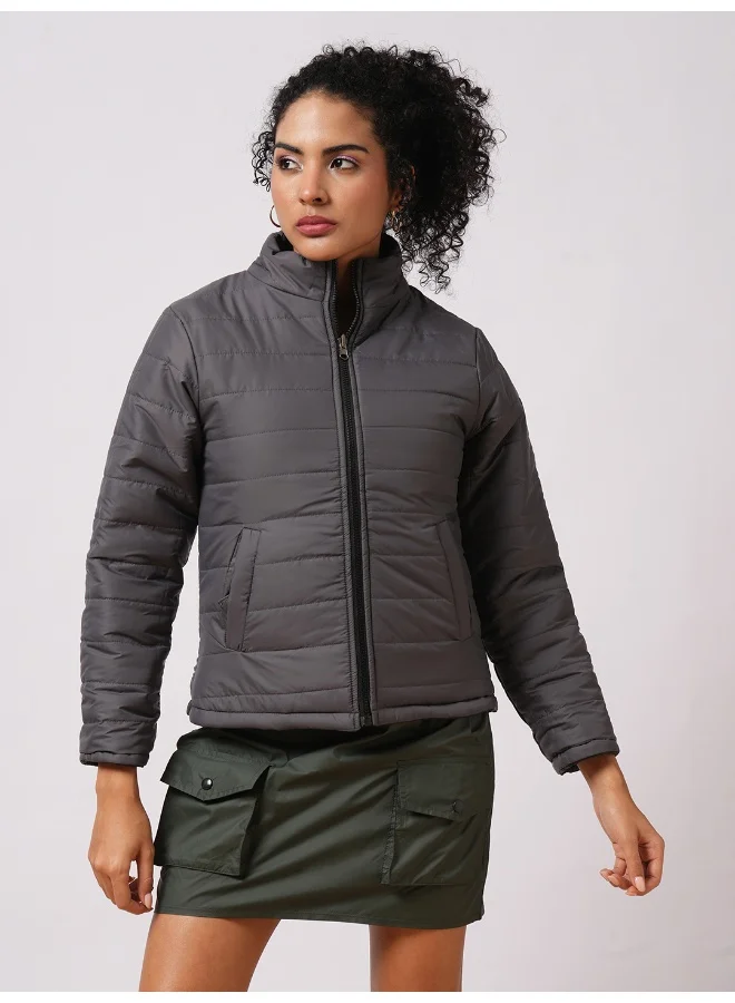 globus Women Black Mock Neck Front Zip Closure Reversible Winter Wear Puffer Jacket With Detachable Hoodie