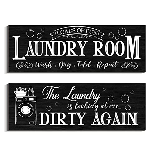 Creoate Rustic Family Laundry Room Rules Decor - 2 Piece Wall Plaque (White & Black) - Image 1
