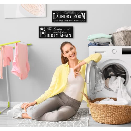 Creoate Rustic Family Laundry Room Rules Decor - 2 Piece Wall Plaque (White & Black) - Image 5
