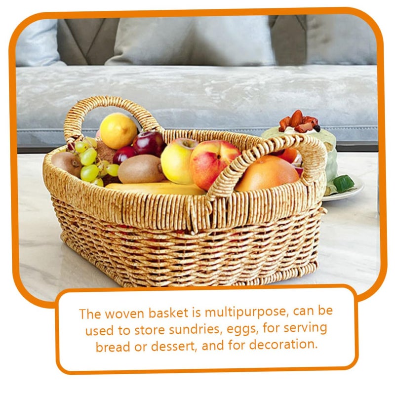 Tea Color Woven Bread Basket Double Handles Rattan Serving Tray Food Storage Display - Image 5
